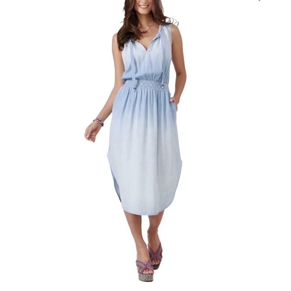 Democracy Sleeveless Smocked Waist Chambray Denim Midi Dress - Size M